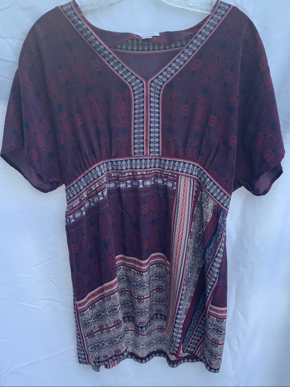 Garnet Hill Maroon Patterned 100% silk dolman sleeved tunic